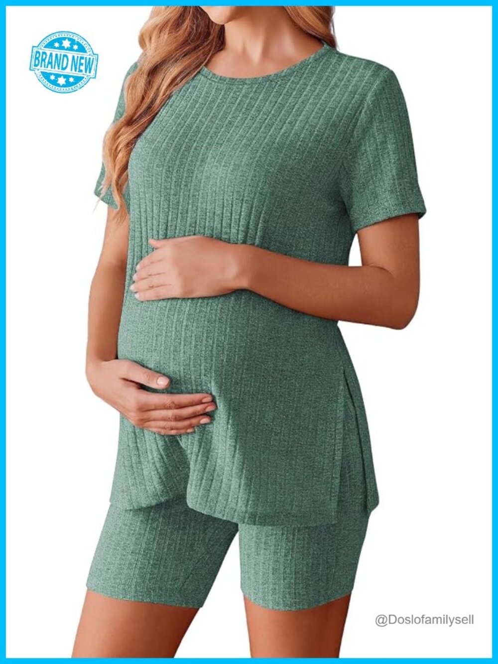 Maternity 2 Piece Set Short Sleeve Biker Shorts Pregnancy Loungewear Pajama Set